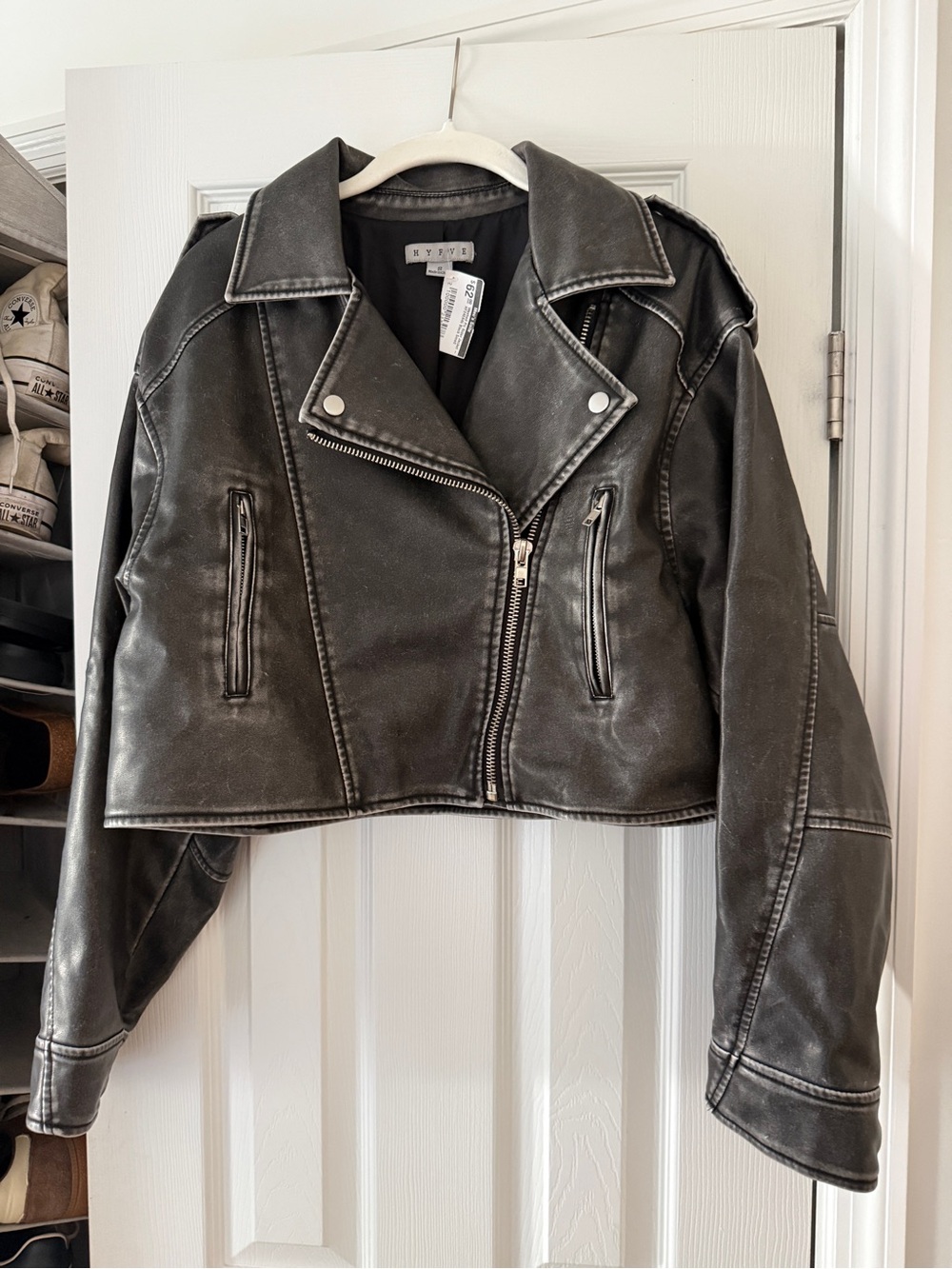 HYFVE Black Cropped Faux Leather Motorcycle Jacket